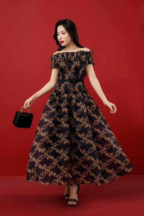 Sixdo Black Baroque Print Off-shoulder Midi Dress